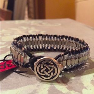 leather silver beaded  embellished cuff bracelet